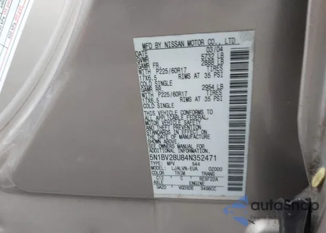 2004 Nissan Quest 3.5 Se из США, поврежденный, VIN 5N1BV28U84N352471